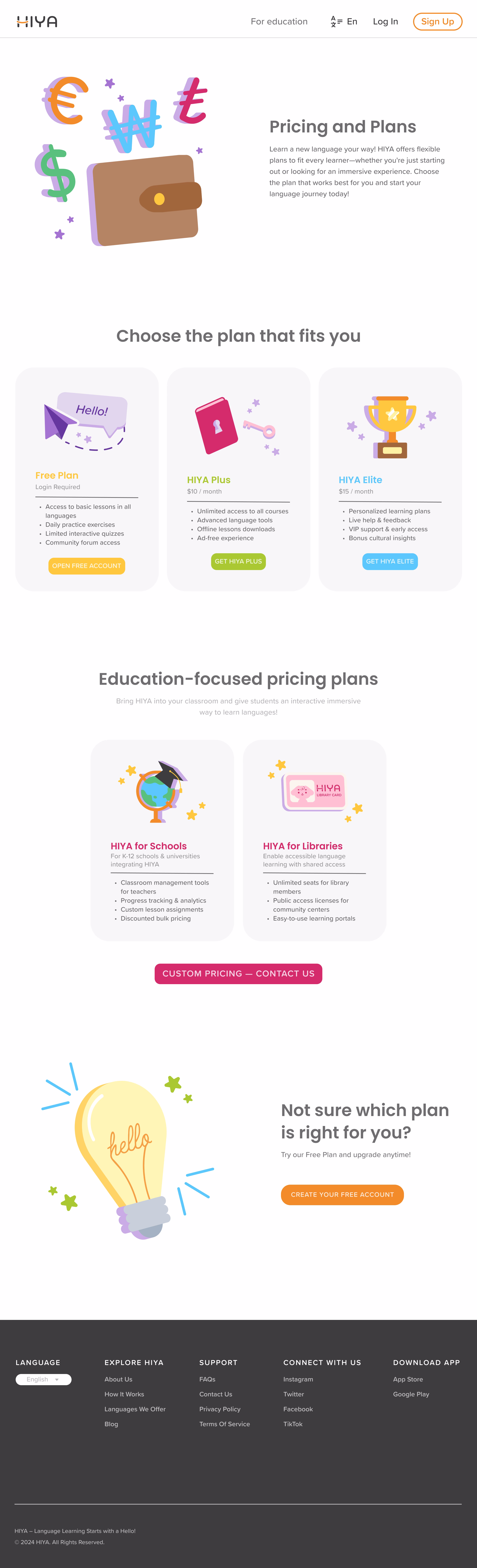 Pricing and Plans design for HIYA Website